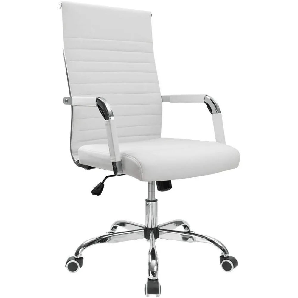 Furmax Ribbed Office Desk Chair Mid-Back PU Leather Executive Conference Task Chair Adjustable Swivel Chair with Arms (White)