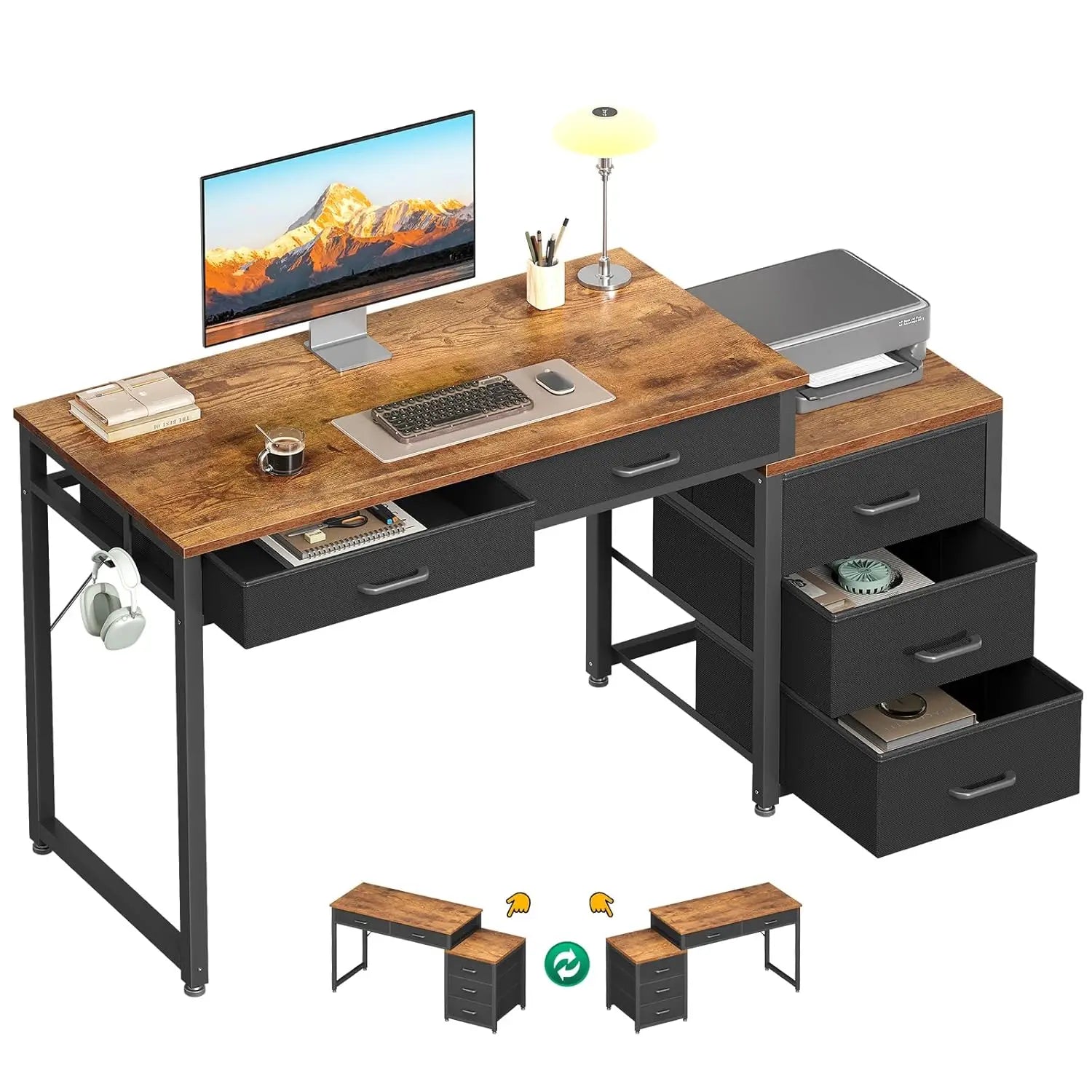 Computer Desk with 5 Drawers, 53 Inch Office Desk with Printer Shelf, Reversible Work Desk for Home Office, Writing, Customized