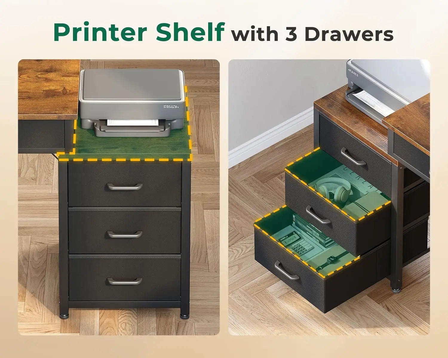 Computer Desk with 5 Drawers, 53 Inch Office Desk with Printer Shelf, Reversible Work Desk for Home Office, Writing, Customized