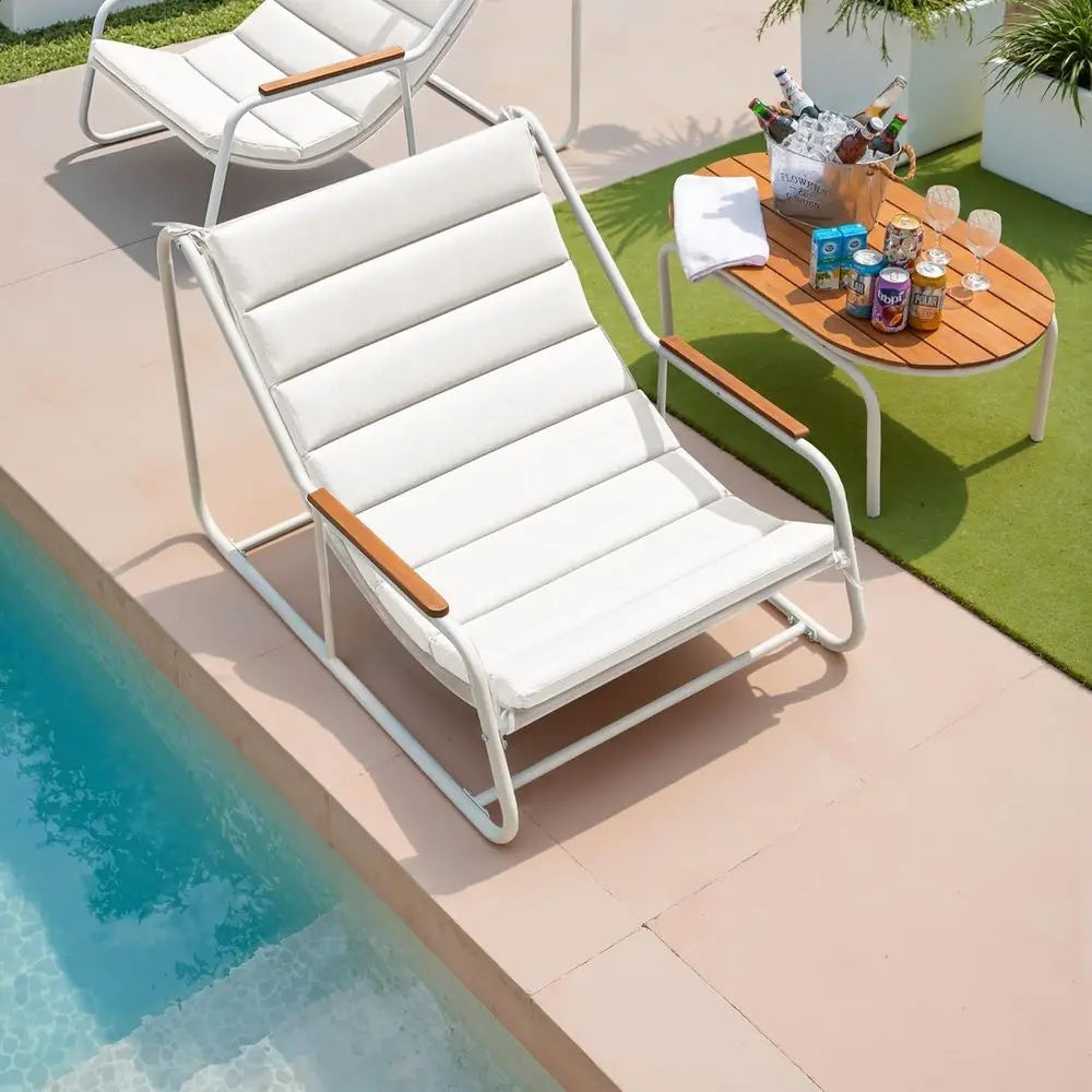 3 Piece Patio urniture Set, 2 All Weather Teslin Chaise Lounge Chairs with Acacia Wood Side Table, Outdoor Lounge or Porch Pools