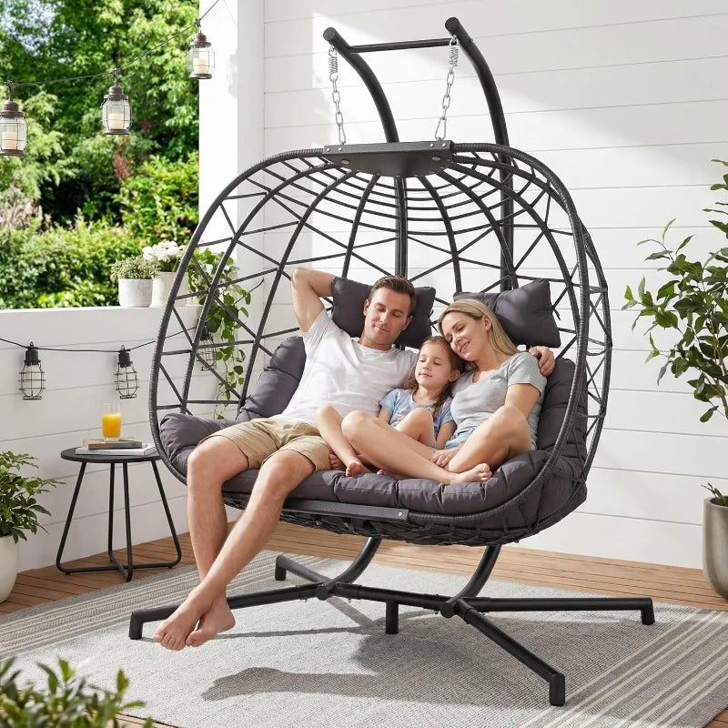 NICESOUL 2 Person Patio Hanging Egg Chair with Stand, Large and Wide Double Swing Chair with Cushion Indoor Outdoor