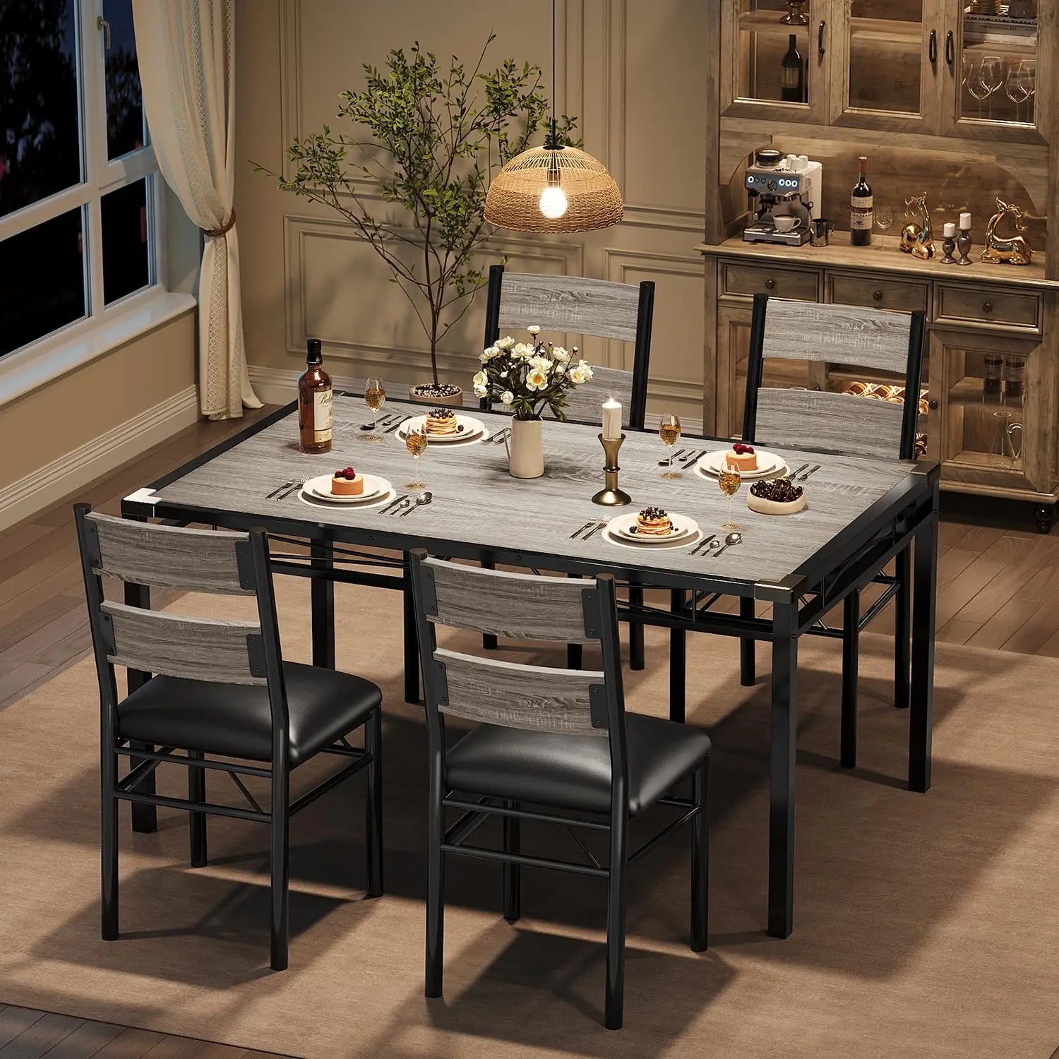 Retro Brown Wood Kitchen Table with 4 Upholstered Chairs Corner Protector for Small Space, Dining Room, Apartment