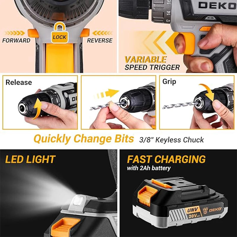 DEKO 20V cordless drill kit