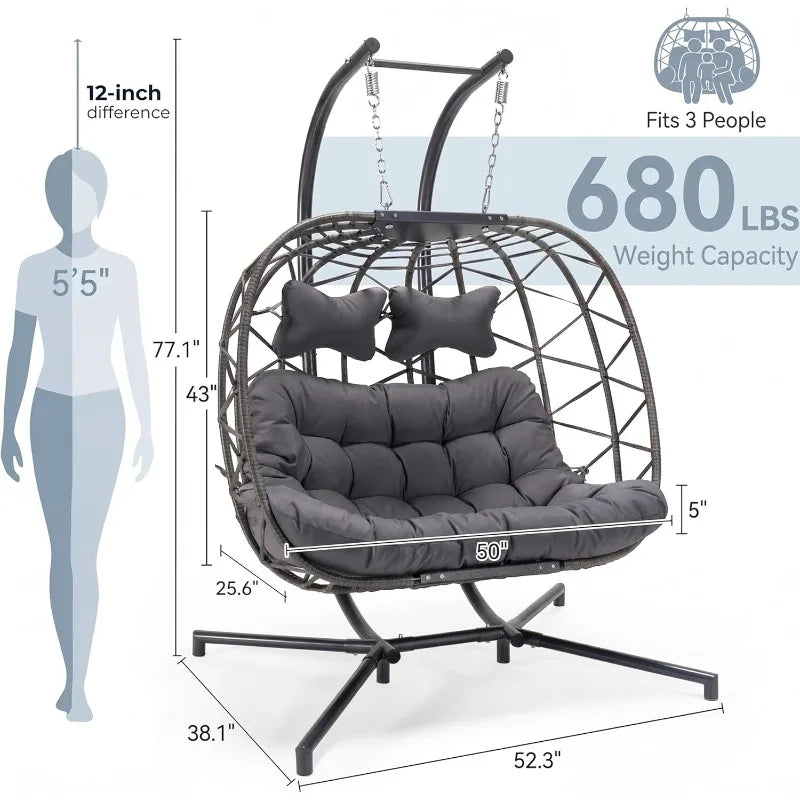 NICESOUL 2 Person Patio Hanging Egg Chair with Stand, Large and Wide Double Swing Chair with Cushion Indoor Outdoor