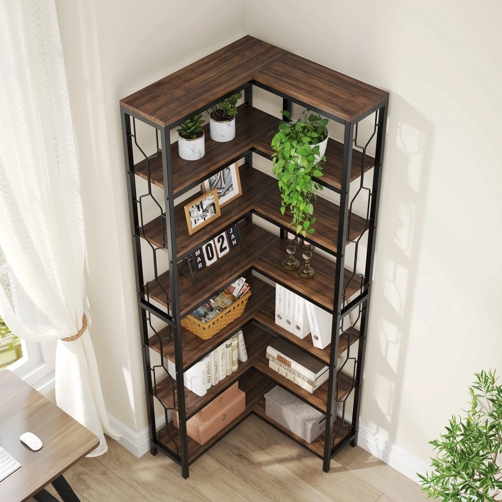 Corner Shelf, 7-Tier Industrial Corner Bookshelf