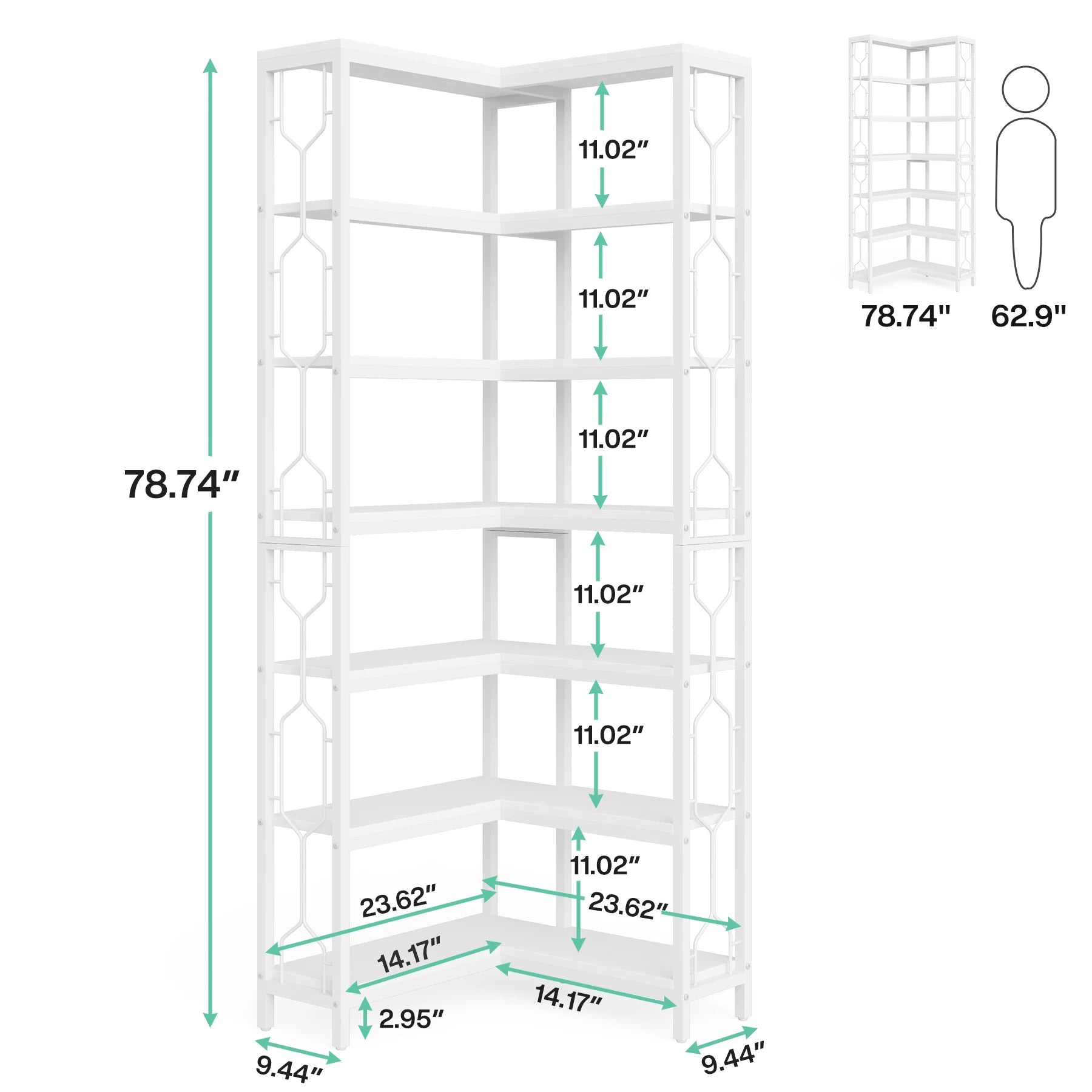 Corner Shelf, 7-Tier Industrial Corner Bookshelf
