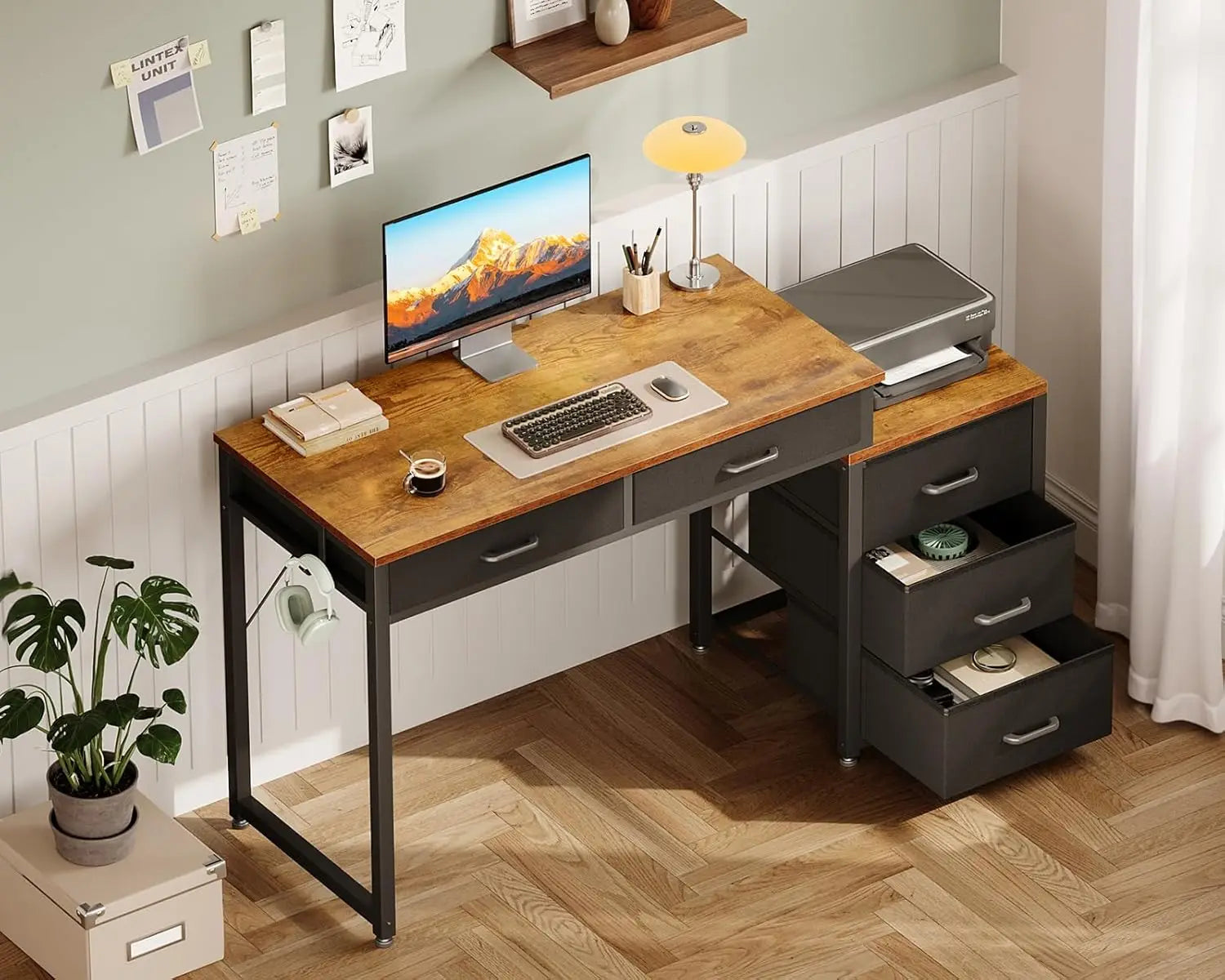 Computer Desk with 5 Drawers, 53 Inch Office Desk with Printer Shelf, Reversible Work Desk for Home Office, Writing, Customized