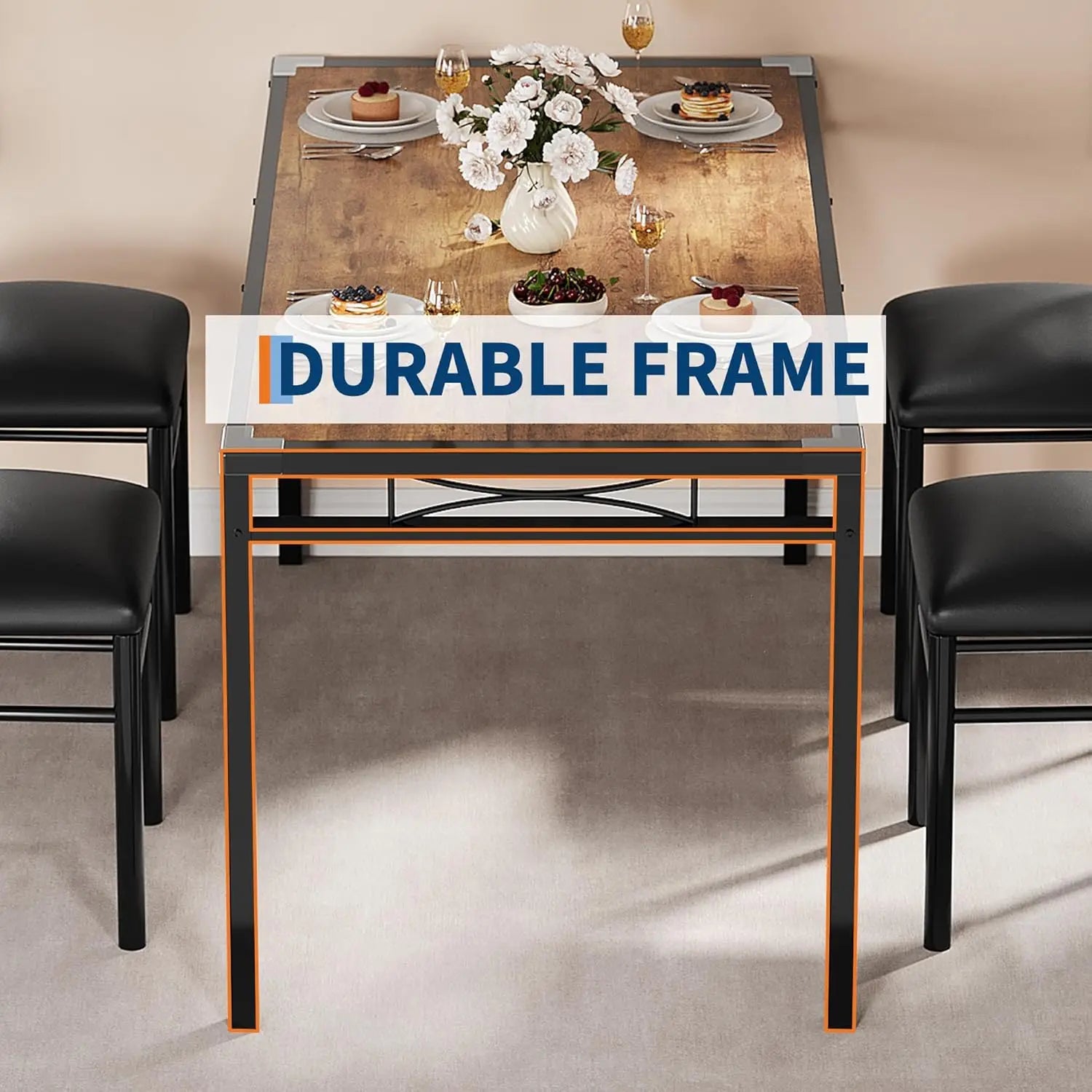 Retro Brown Wood Kitchen Table with 4 Upholstered Chairs Corner Protector for Small Space, Dining Room, Apartment