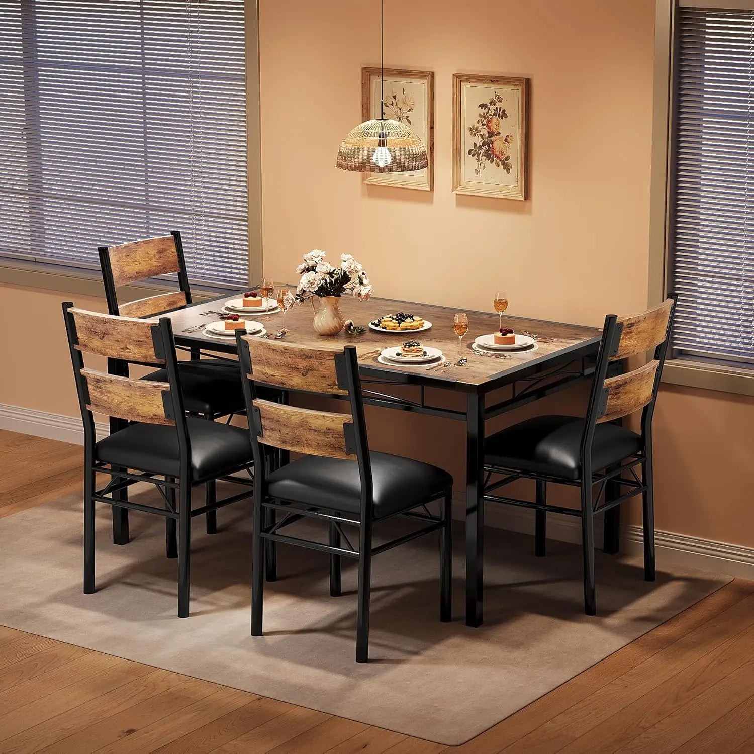 Retro Brown Wood Kitchen Table with 4 Upholstered Chairs Corner Protector for Small Space, Dining Room, Apartment