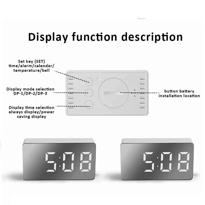 1Pc White LED Mirror Table Clock
