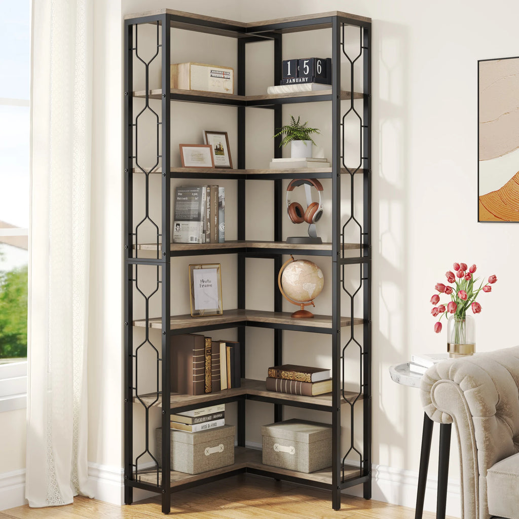 Corner Shelf, 7-Tier Industrial Corner Bookshelf