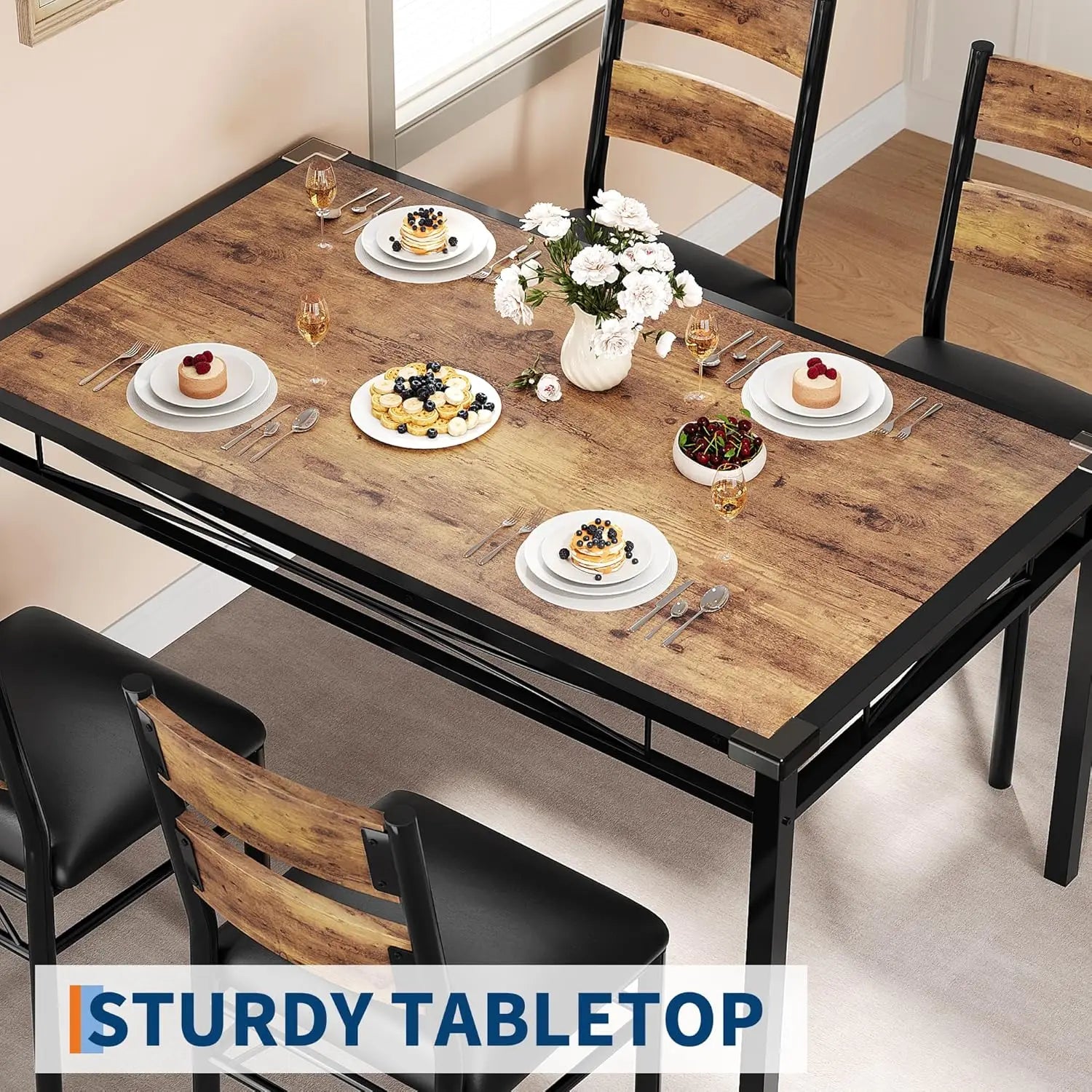 Retro Brown Wood Kitchen Table with 4 Upholstered Chairs Corner Protector for Small Space, Dining Room, Apartment