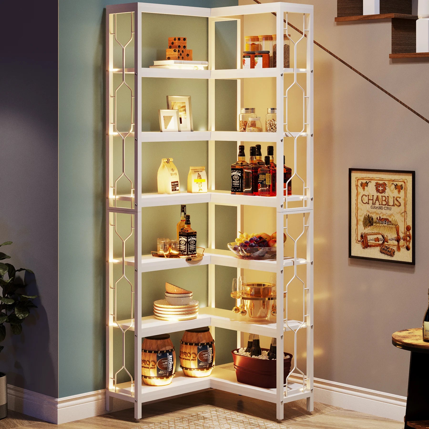 Corner Shelf, 7-Tier Industrial Corner Bookshelf