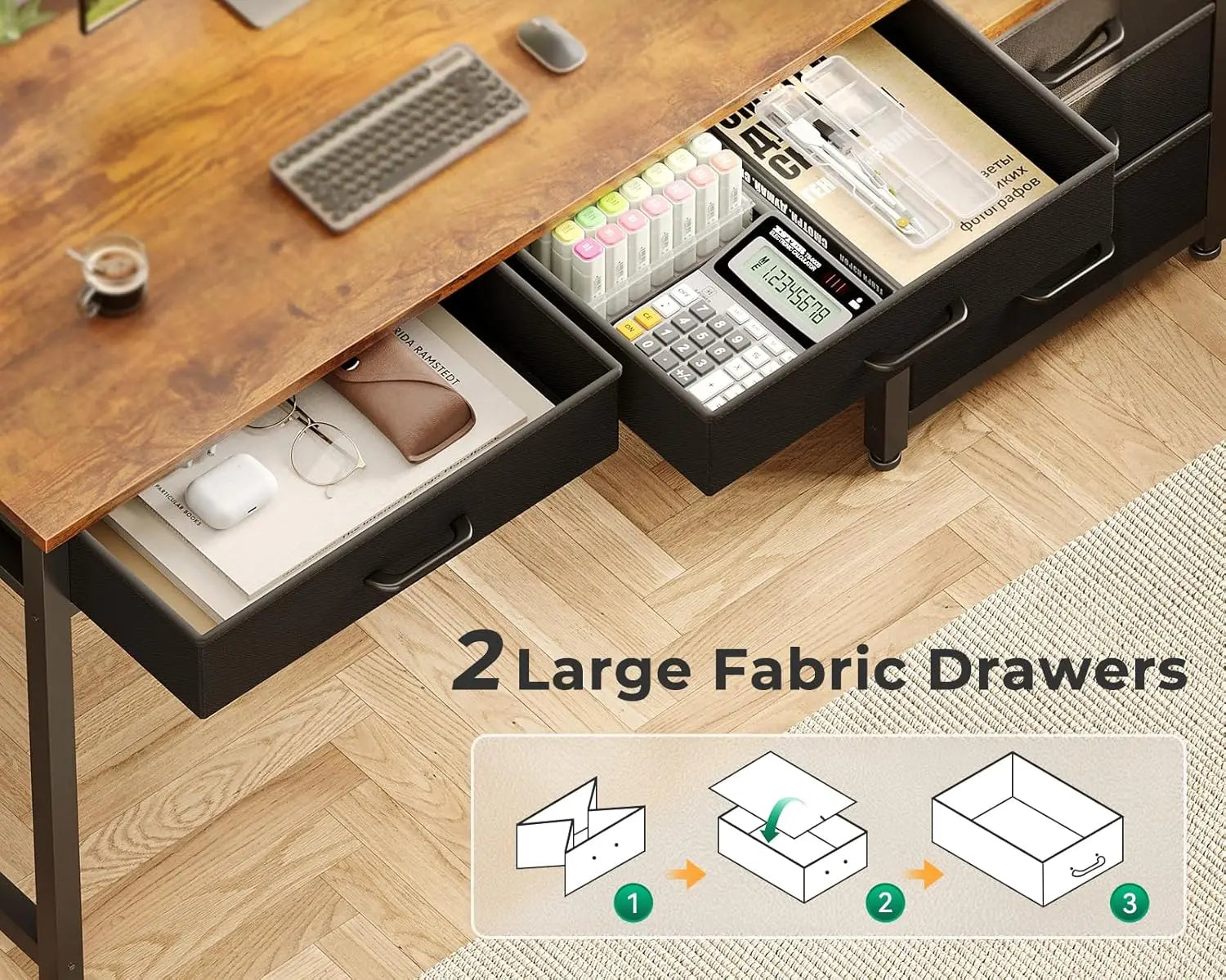 Computer Desk with 5 Drawers, 53 Inch Office Desk with Printer Shelf, Reversible Work Desk for Home Office, Writing, Customized