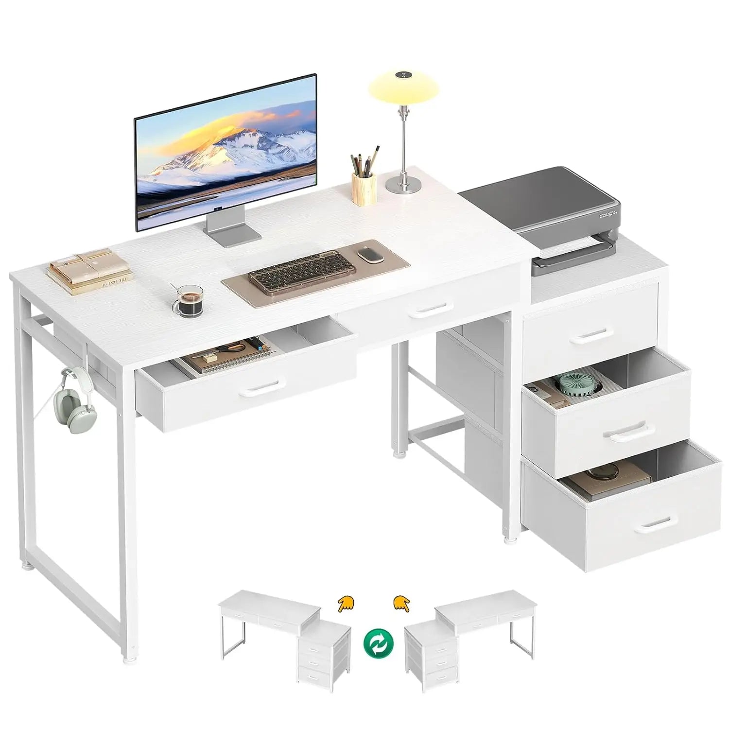 Computer Desk with 5 Drawers, 53 Inch Office Desk with Printer Shelf, Reversible Work Desk for Home Office, Writing, Customized
