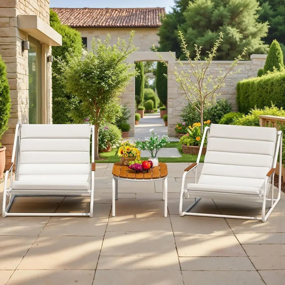 3 Piece Patio urniture Set, 2 All Weather Teslin Chaise Lounge Chairs with Acacia Wood Side Table, Outdoor Lounge or Porch Pools