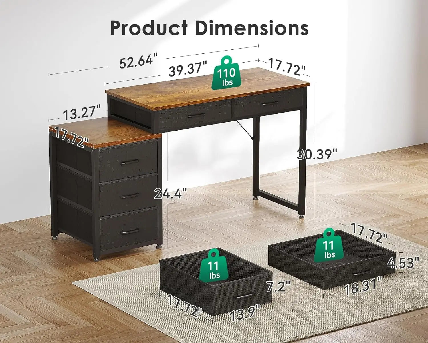 Computer Desk with 5 Drawers, 53 Inch Office Desk with Printer Shelf, Reversible Work Desk for Home Office, Writing, Customized