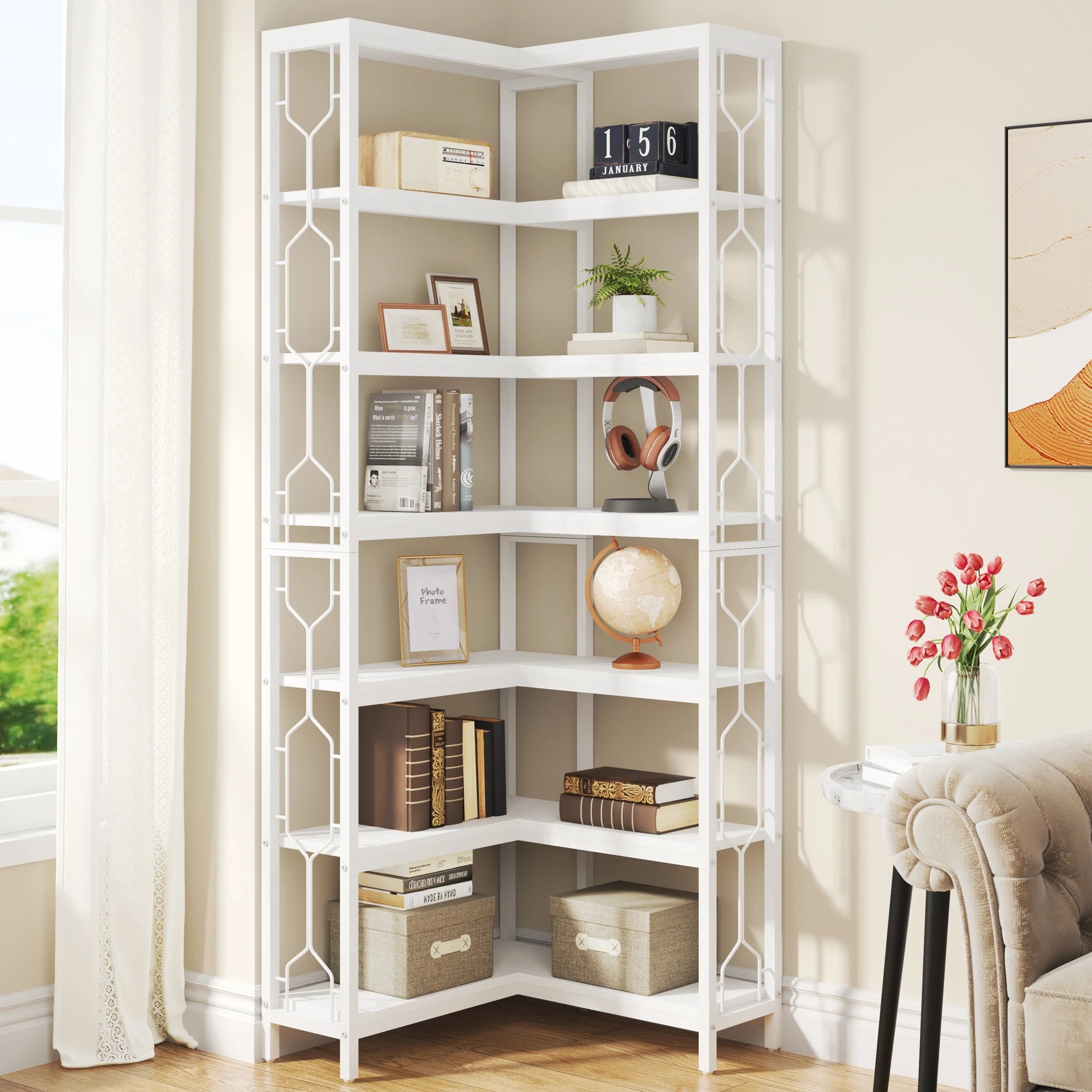 Corner Shelf, 7-Tier Industrial Corner Bookshelf
