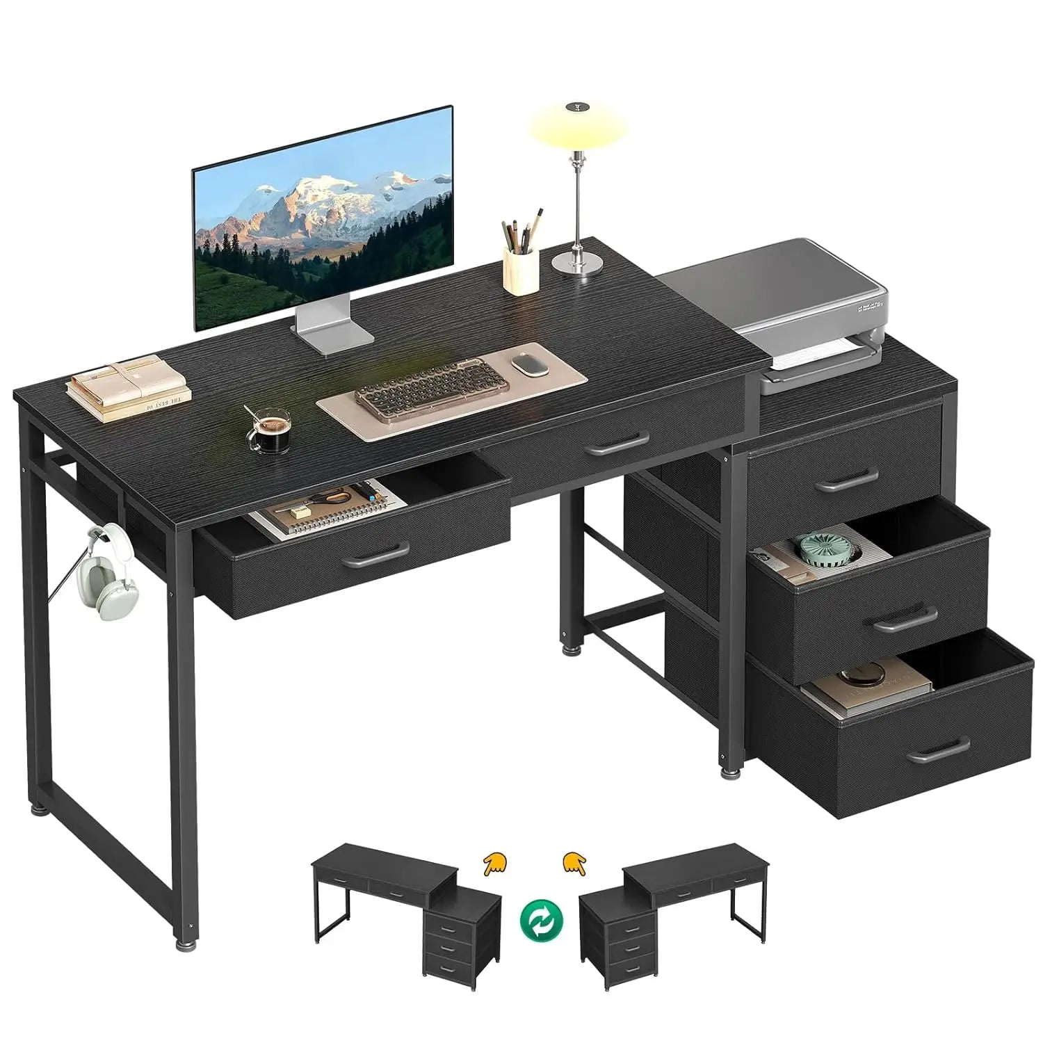 Computer Desk with 5 Drawers, 53 Inch Office Desk with Printer Shelf, Reversible Work Desk for Home Office, Writing, Customized